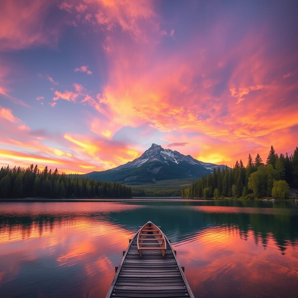 A serene landscape featuring a majestic mountain range under a vibrant, sunset sky filled with hues of orange, pink, and purple