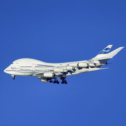 A majestic Boeing 747 in mid-flight against a clear sky. The large, four-engine jetliner sparkles under the sunlight as it cruises at a high altitude.