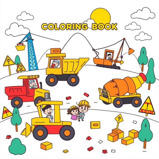 A charming and whimsical construction site designed for a coloring book cover, featuring various vehicles like a cute yellow bulldozer, a cheerful red dump truck, a friendly blue crane, and a fun orange concrete mixer