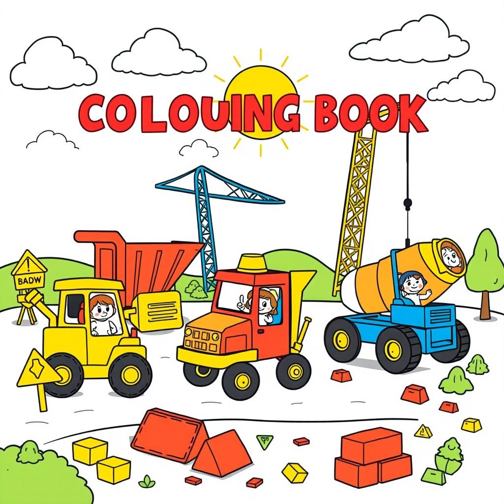 A charming and whimsical construction site designed for a coloring book cover, featuring various vehicles like a cute yellow bulldozer, a cheerful red dump truck, a friendly blue crane, and a fun orange concrete mixer