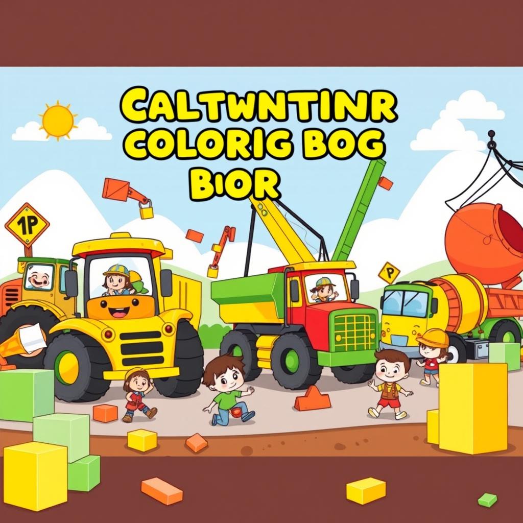 A whimsical and playful construction site illustration for a children's coloring book cover, featuring adorable vehicles such as a cheerful yellow tractor, a smiling red dump truck, a friendly green crane, and a bright orange concrete mixer