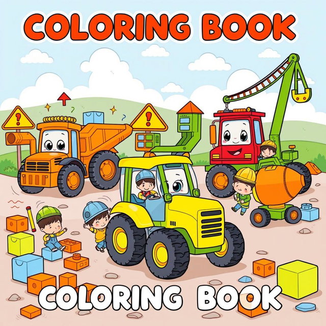 A whimsical and playful construction site illustration for a children's coloring book cover, featuring adorable vehicles such as a cheerful yellow tractor, a smiling red dump truck, a friendly green crane, and a bright orange concrete mixer