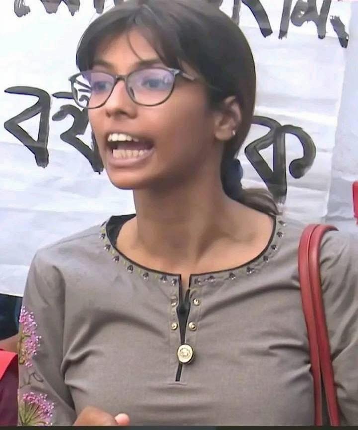 A cartoon-style illustration of a young woman speaking passionately at a protest