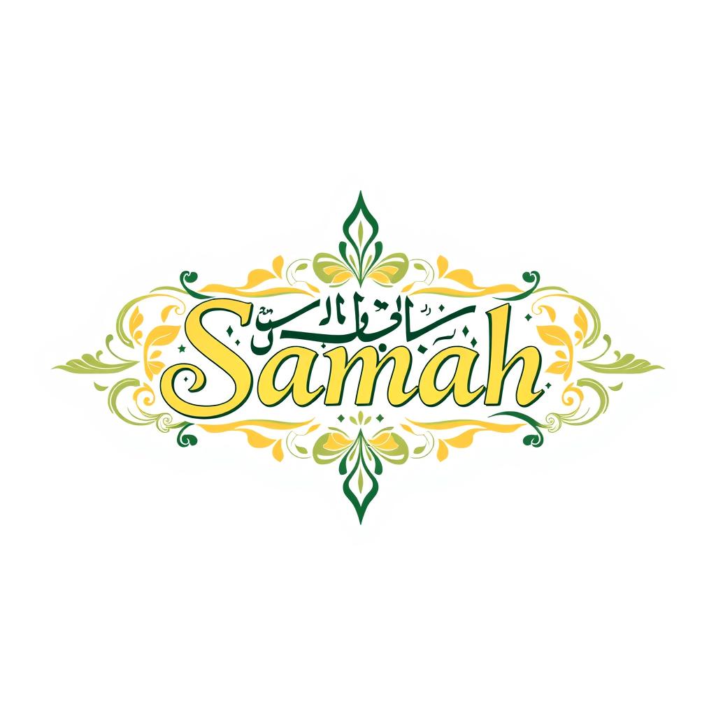 A stunning Islamic logo design featuring the name 'Samah' in elegant calligraphy, beautifully intertwined with intricate geometric patterns and floral motifs that are characteristic of Islamic art