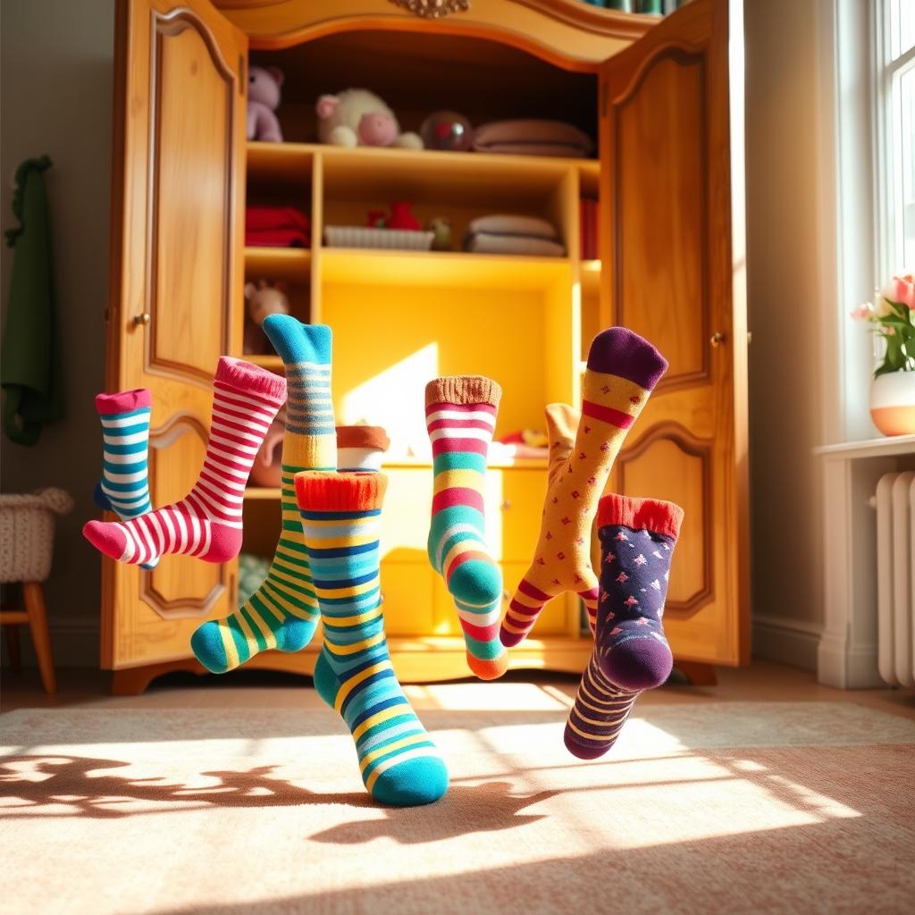 A whimsical scene featuring colorful children's socks playfully escaping from a wardrobe