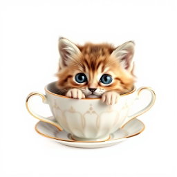 A charming and adorable kitten nestled comfortably inside a classic teacup, showcasing its playful nature and big, expressive eyes