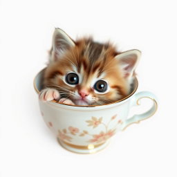 A charming and adorable kitten nestled comfortably inside a classic teacup, showcasing its playful nature and big, expressive eyes