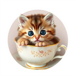 A charming and adorable kitten nestled comfortably inside a classic teacup, showcasing its playful nature and big, expressive eyes