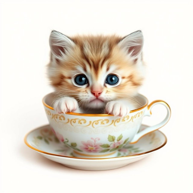 A charming and adorable kitten nestled comfortably inside a classic teacup, showcasing its playful nature and big, expressive eyes