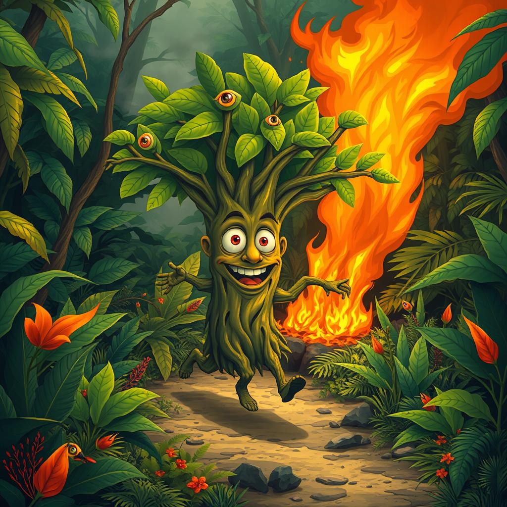 A surreal and imaginative scene depicting a vibrant tree with a face and limbs, comically running away from a blazing fire in a dense jungle