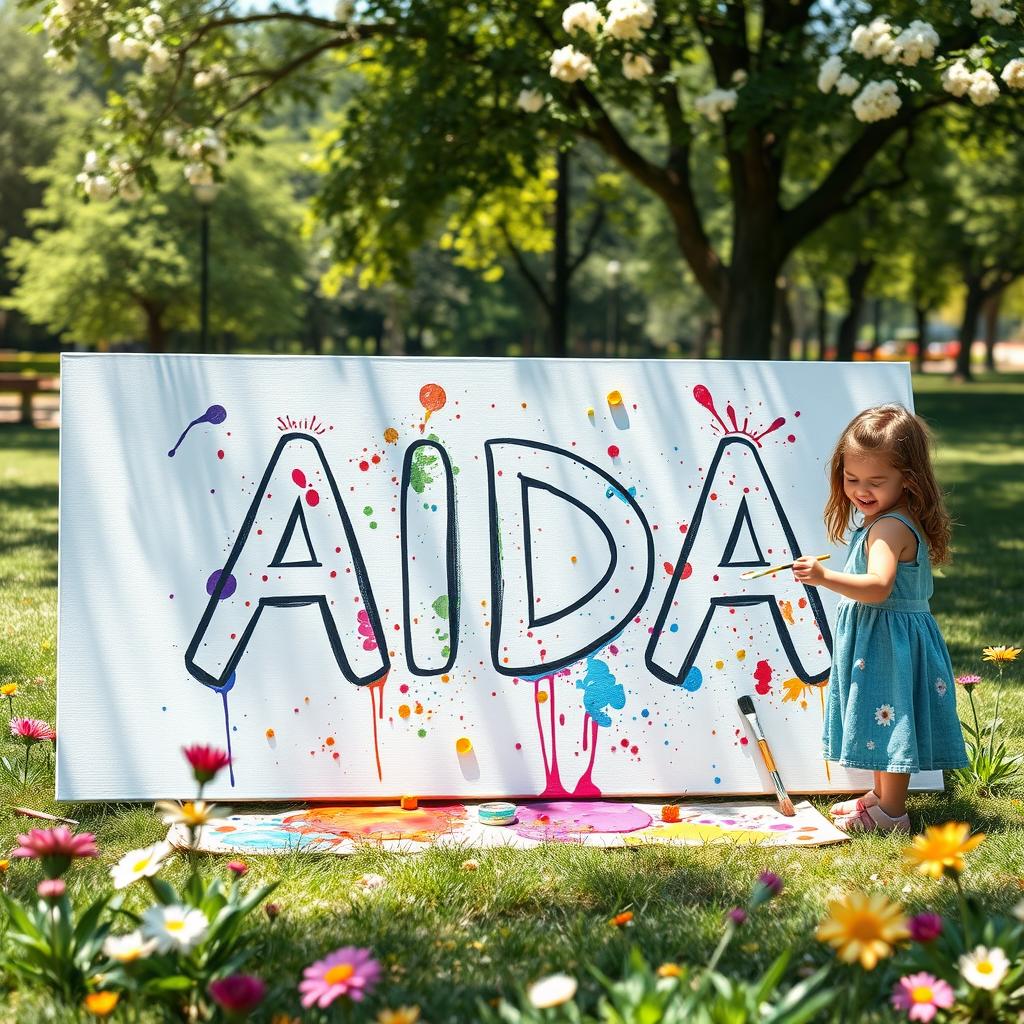 A vibrant and whimsical scene of three little girls painting the name 'AIDA' on a large canvas in a sunny outdoor park
