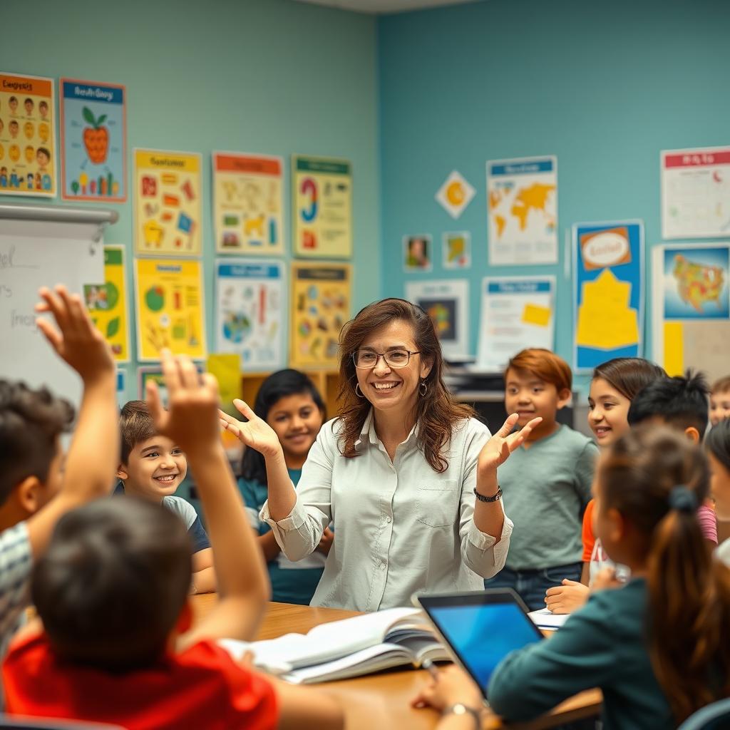 A scene of a dedicated teacher in a vibrant classroom filled with colorful educational posters, engaged with a diverse group of enthusiastic students
