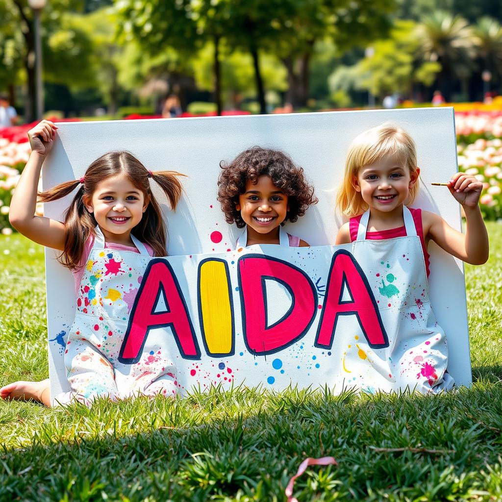 Three cheerful and joyful little girls, each around 6 to 8 years old, sitting on a grassy field, enthusiastically painting the name 'AIDA' on a large canvas