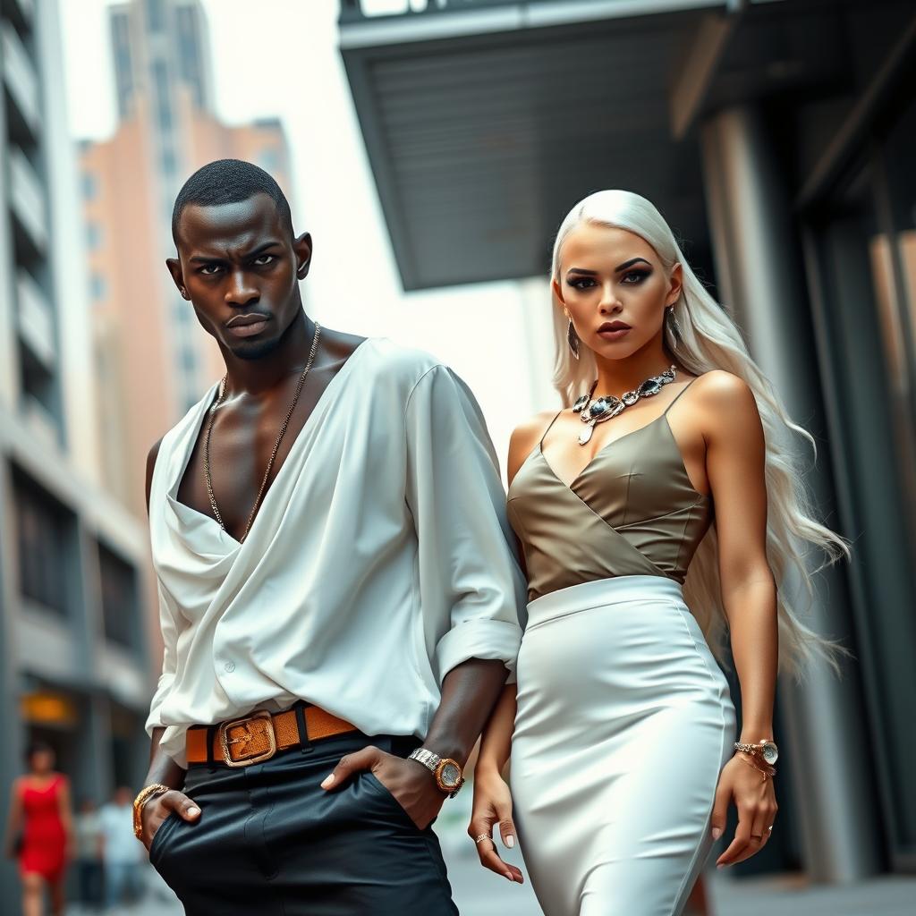 A slim black man wearing a flowing woman's top and a stylish skirt, standing beside a striking white woman