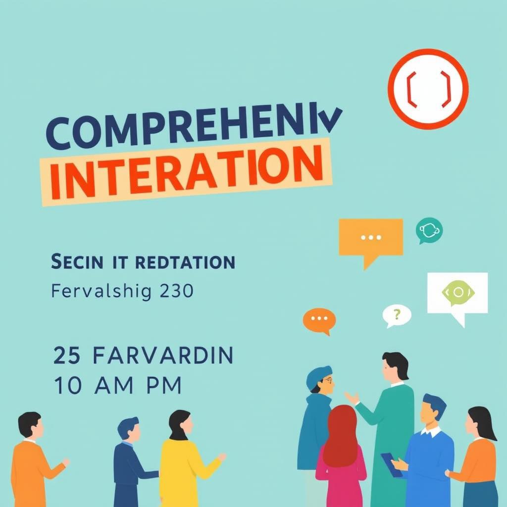 A promotional poster for a seminar titled 'Comprehensive Interaction' scheduled for 25 Farvardin 1404, from 10 AM to 12 PM, at Ferdowsi School in Shiraz