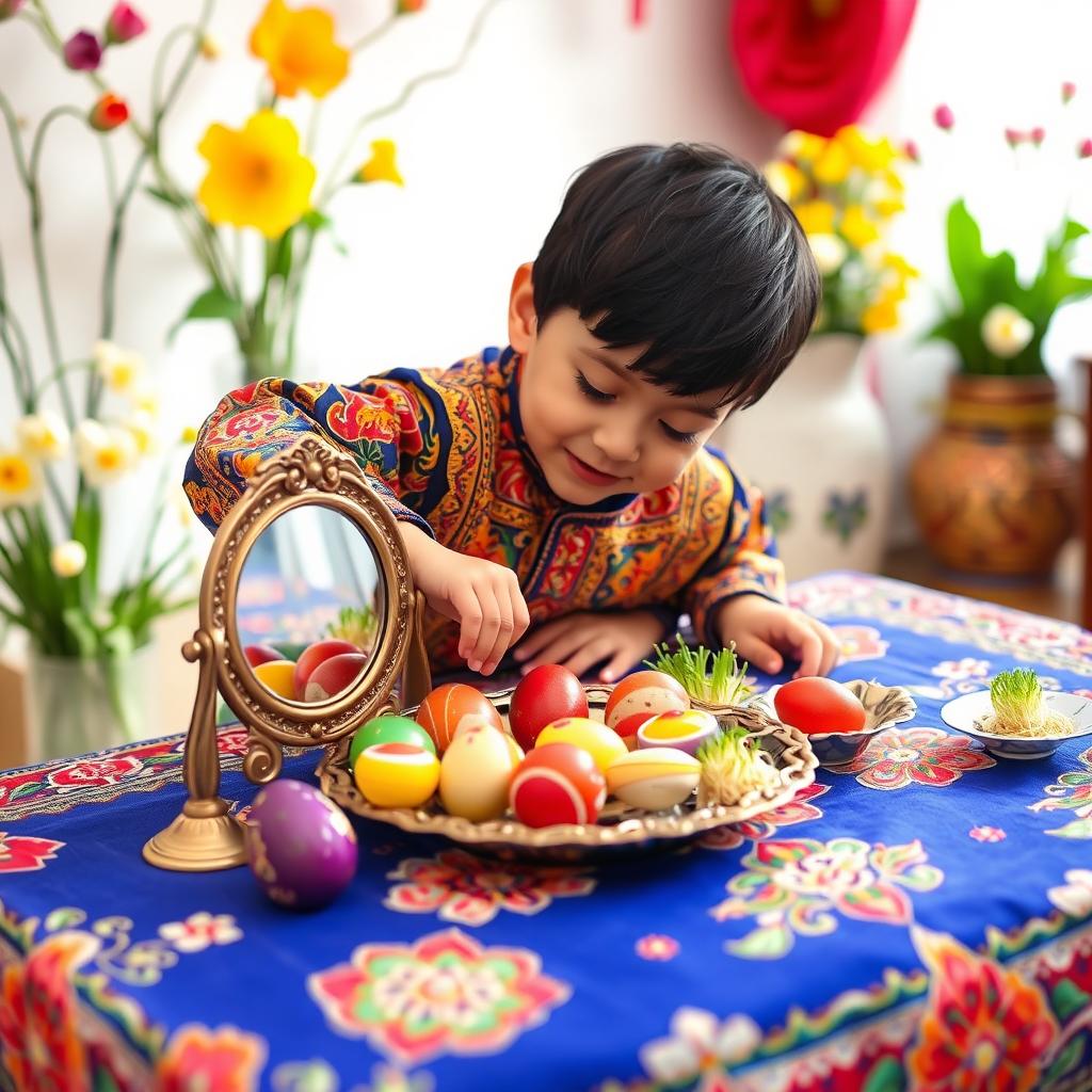 A small boy named Artin, around 5 years old, enthusiastically setting up a traditional Haft-Seen table for the Persian New Year