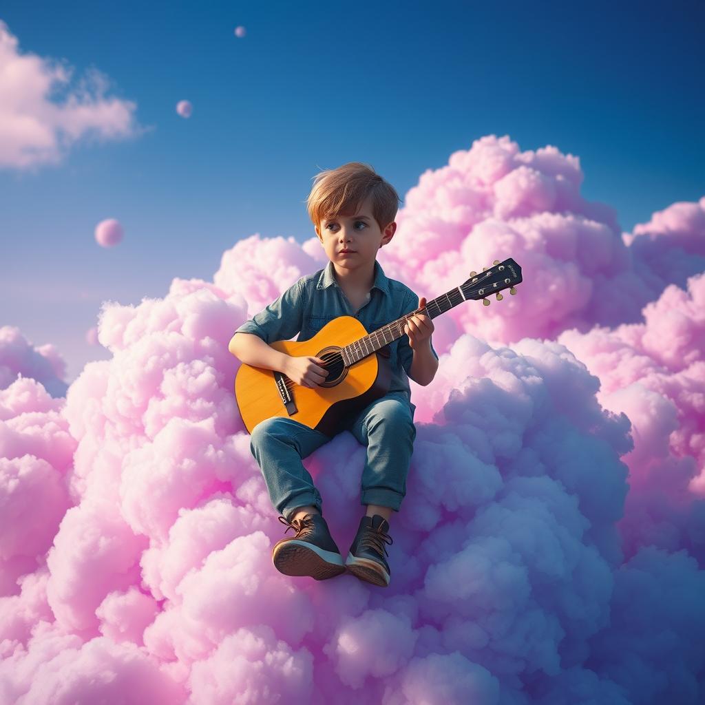 A lonely boy sitting on vibrant purple and blue clouds, holding a guitar