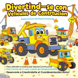 A vibrant construction scene featuring a central, friendly construction vehicle, like a smiling excavator, an animated dump truck, or an active crane, all displayed with cheerful expressions and playful designs