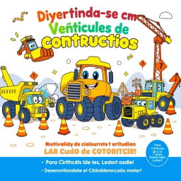 A vibrant construction scene featuring a central, friendly construction vehicle, like a smiling excavator, an animated dump truck, or an active crane, all displayed with cheerful expressions and playful designs