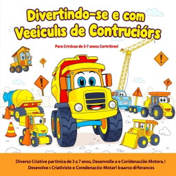 A vibrant construction scene featuring a central, friendly construction vehicle, like a smiling excavator, an animated dump truck, or an active crane, all displayed with cheerful expressions and playful designs