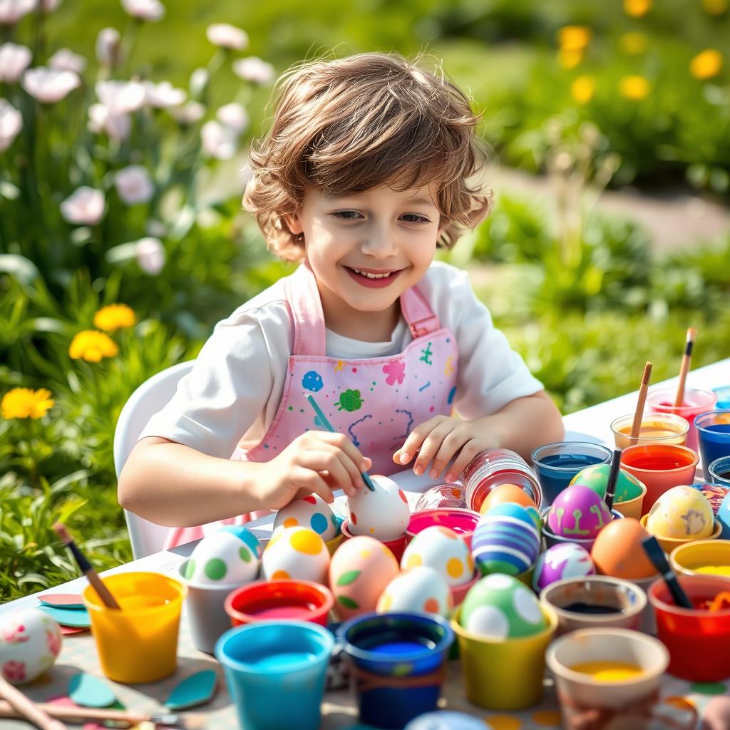 A small boy with wavy brown hair, around 5 years old, joyfully painting Easter eggs in a colorful and sunny setting