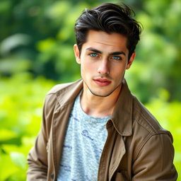 A realistic full-body portrait of a man with beautiful short black hair and striking rare blue eyes