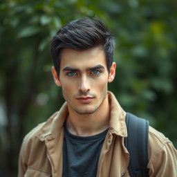 A realistic full-body portrait of a man with beautiful short black hair and striking rare blue eyes