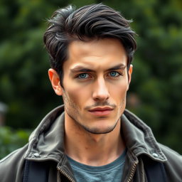 A realistic full-body portrait of a man with beautiful short black hair and striking rare blue eyes