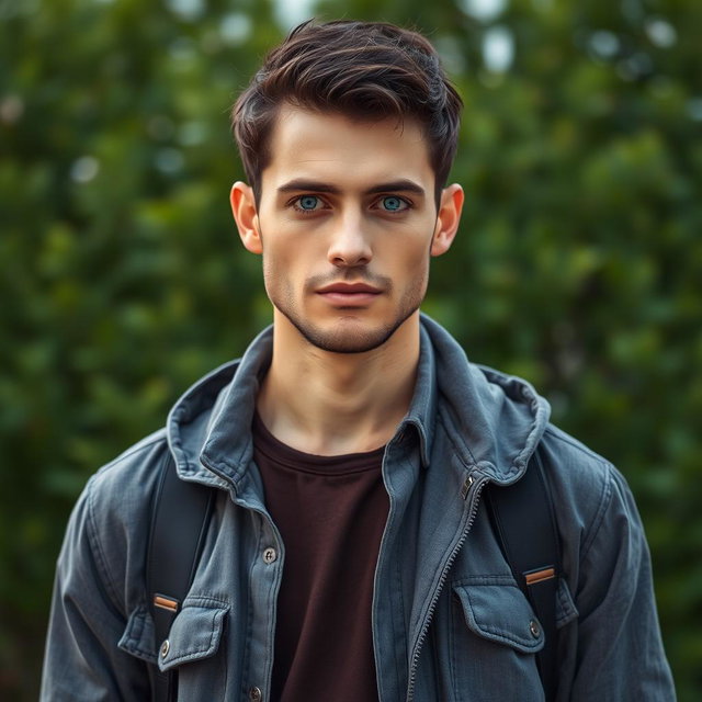 A realistic full-body portrait of a man with beautiful short black hair and striking rare blue eyes