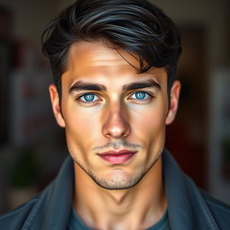 A realistic full-body portrait of a handsome man with beautiful short black hair and strikingly rare blue eyes