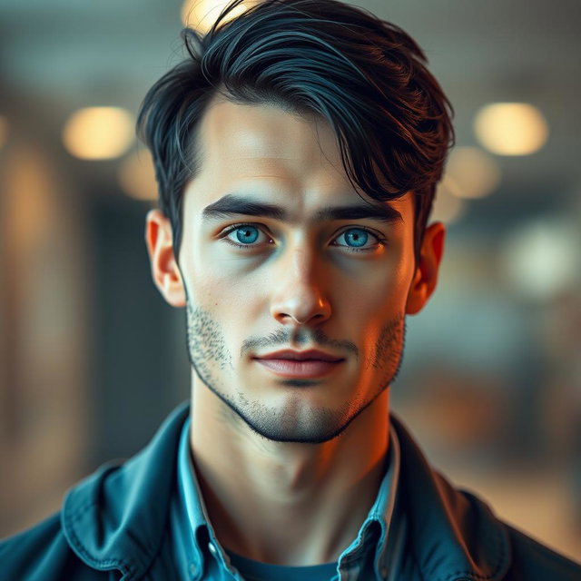 A realistic full-body portrait of a handsome man with beautiful short black hair and strikingly rare blue eyes