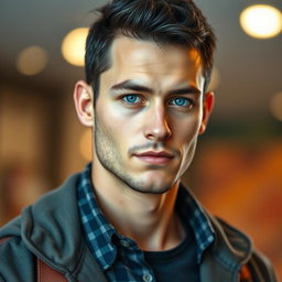 A realistic full-body portrait of a handsome man with beautiful short black hair and strikingly rare blue eyes