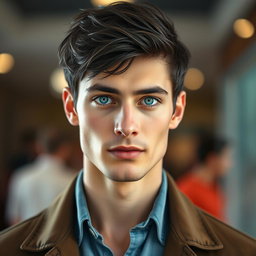 A realistic full-body portrait of a handsome man with beautiful short black hair and strikingly rare blue eyes