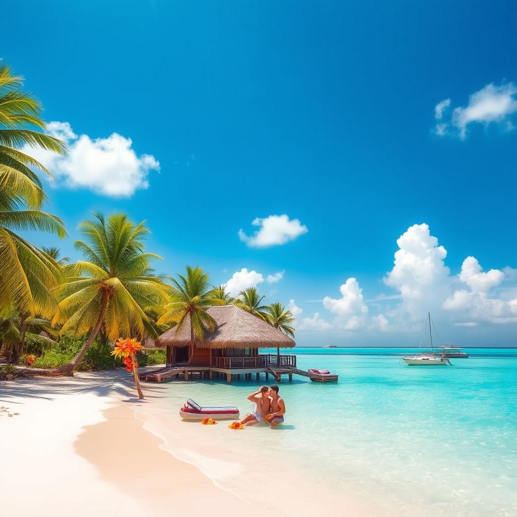 A stunning tropical scene depicting a luxurious beach in the Maldives with crystal clear turquoise waters, pristine white sandy beaches, and lush green palm trees swaying gently in a warm breeze