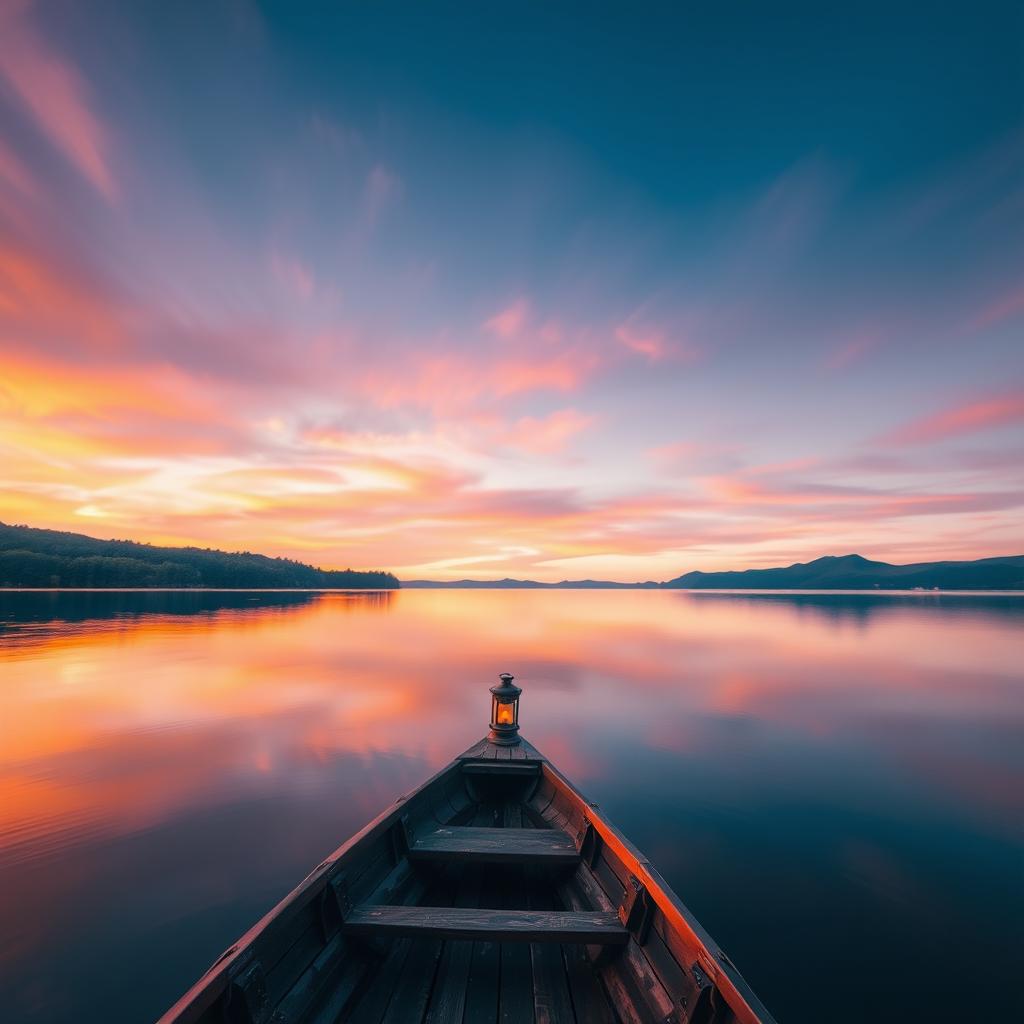 A serene and picturesque view of a calm lake during sunset, surrounded by lush green forests and distant mountains