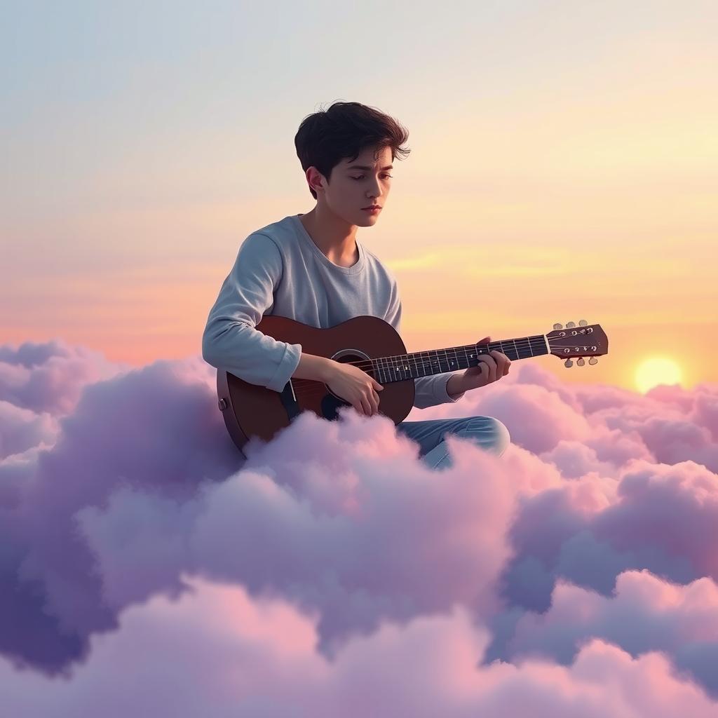 A young man sitting alone on purple and blue clouds, looking sad