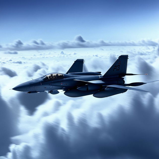 The iconic F-14 Tomcat jet fighter soaring at high speed through a dramatic cloud-filled sky. The aircraft's twin engines are blazing and the swept wings are fully extended.