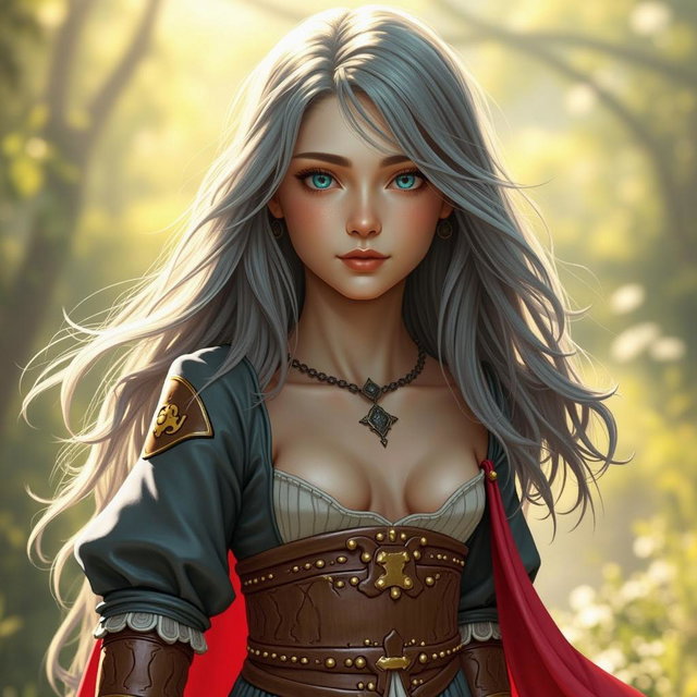 A beautiful female cleric wearing an ornate battle outfit, featuring intricate detailing, silver armor, and a flowing white cloak