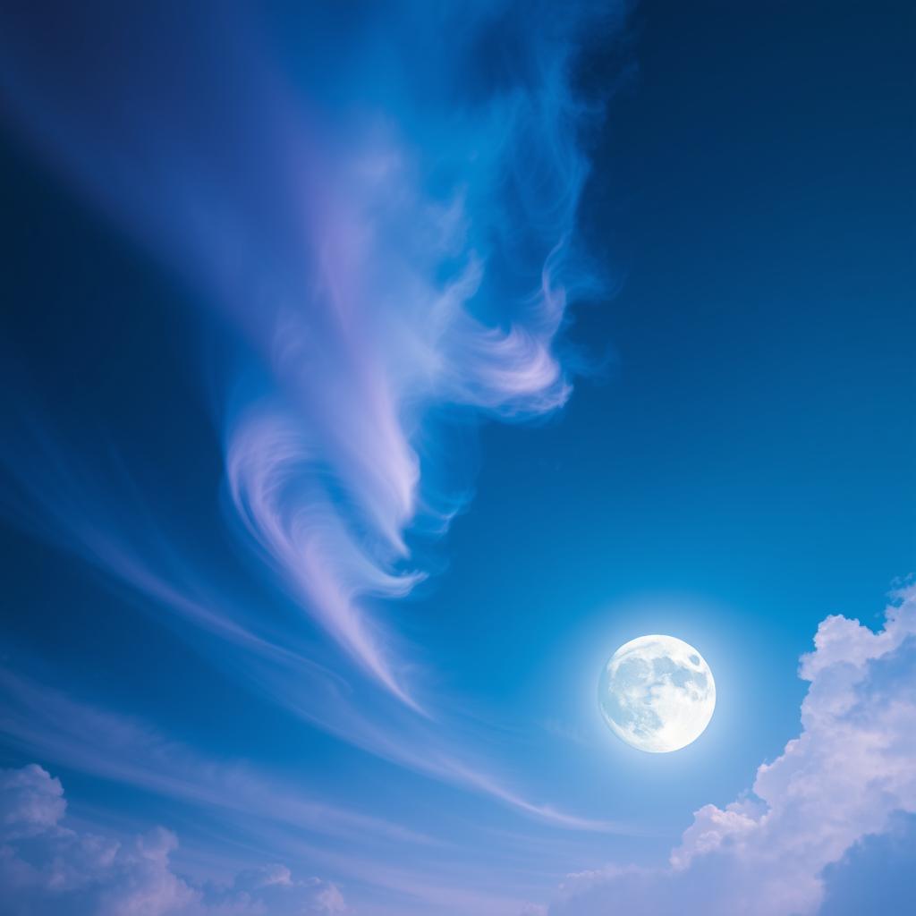 A beautiful celestial scene featuring vibrant blue and purple clouds swirling gracefully in the sky, with a luminous moon positioned in the corner of the image casting a soft glow across the clouds