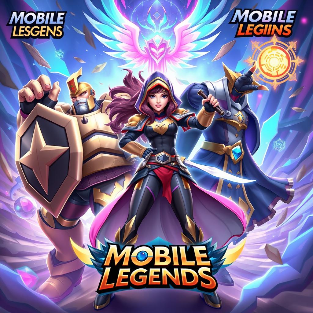 A vibrant and dynamic illustration of a trio of heroes from Mobile Legends: Bang Bang, showcasing their unique abilities and characteristics