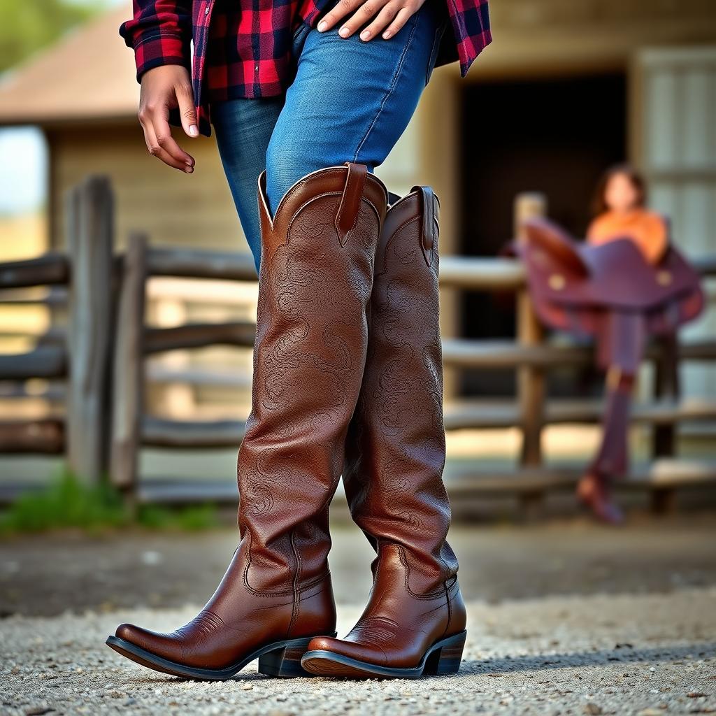 A stylish casual outfit featuring a person wearing cowboy boots, standing confidently with a slight tilt