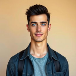A realistic portrait of a man with beautiful short black hair and striking rare blue eyes