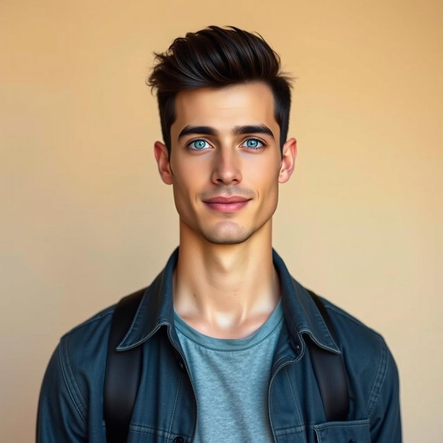 A realistic portrait of a man with beautiful short black hair and striking rare blue eyes