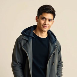 A realistic portrait of a man with beautiful short black hair and striking rare blue eyes