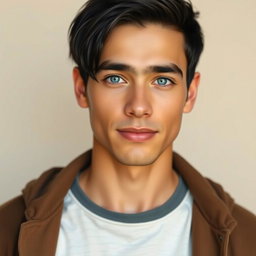 A realistic portrait of a man with beautiful short black hair and striking rare blue eyes