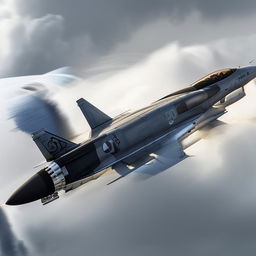 The iconic F-14 Tomcat jet fighter soaring at high speed through a dramatic cloud-filled sky. The aircraft's twin engines are blazing and the swept wings are fully extended.