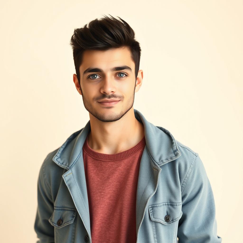 A realistic portrait of a man with beautiful short black hair and striking rare blue eyes