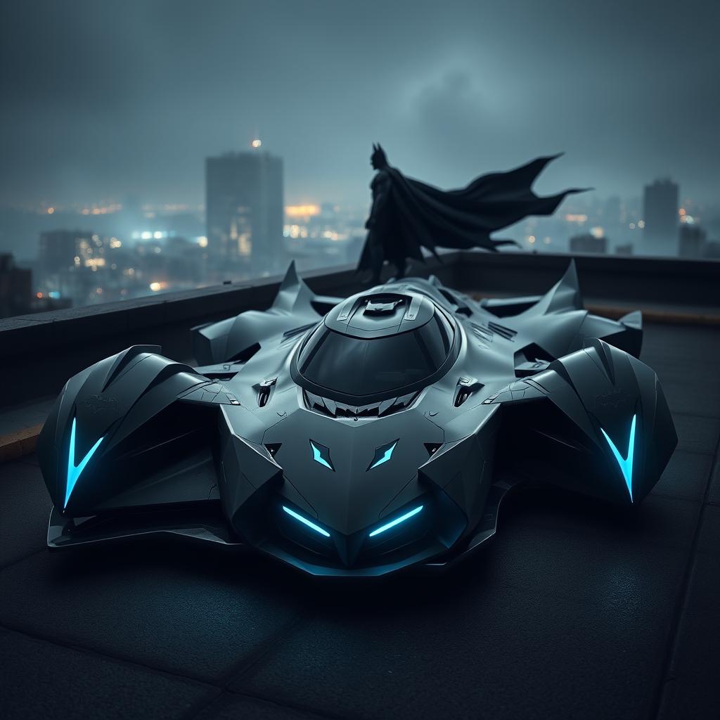 A futuristic batmobile parked in a dimly lit Gotham City street, featuring sleek, angular designs and dark matte finishes