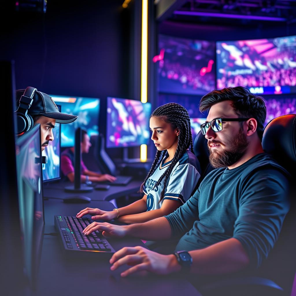 A captivating scene of three professional gamers in an eSports setting, illuminated by neon lights, intensely focused on their computer screens