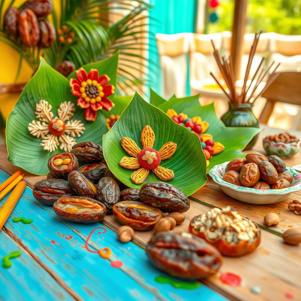 A vibrant and colorful scene featuring various creative crafts made with dried dates